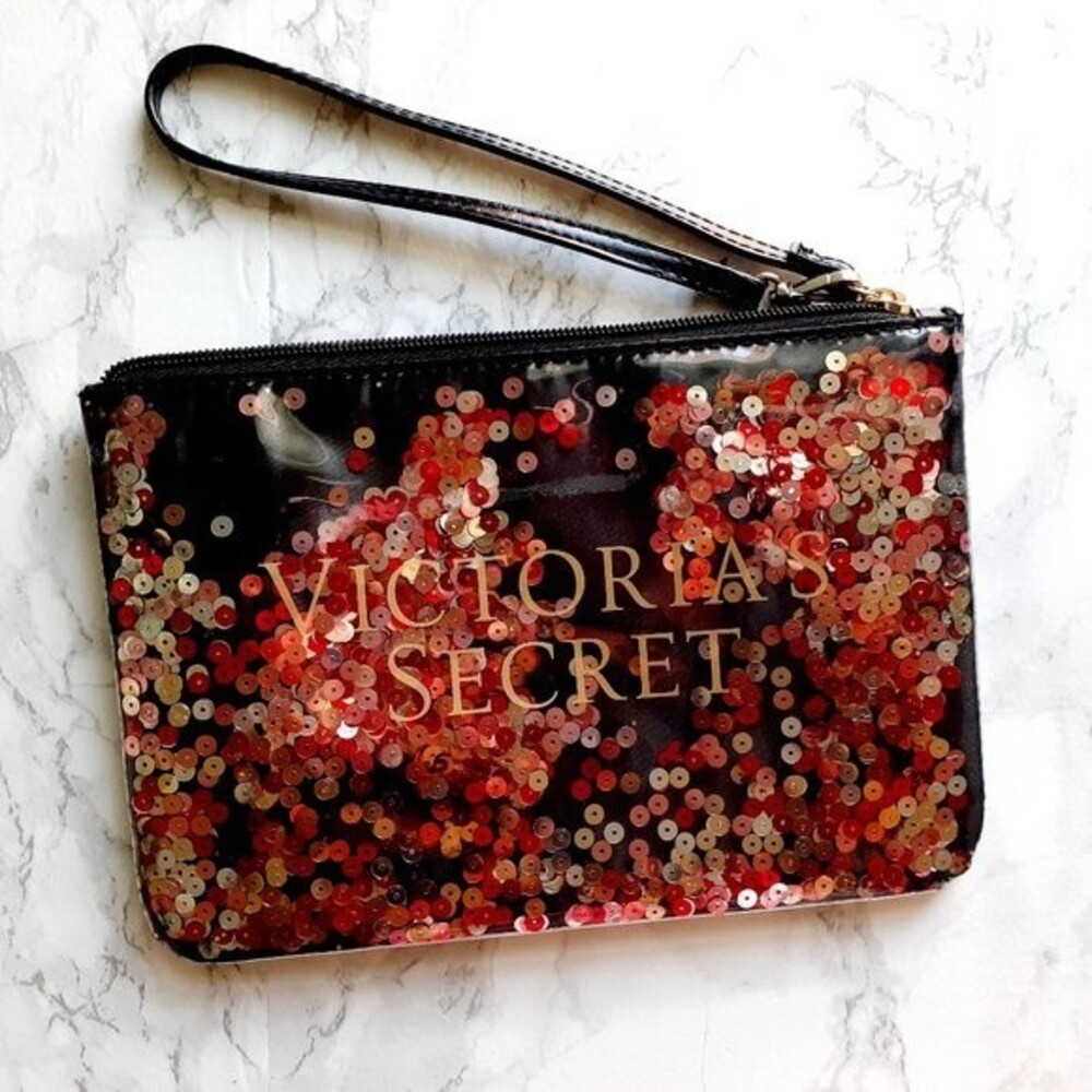 Victoria's Secret Floating Confetti Sequins Wristlet Pouch Clutch Cosmetic Bag